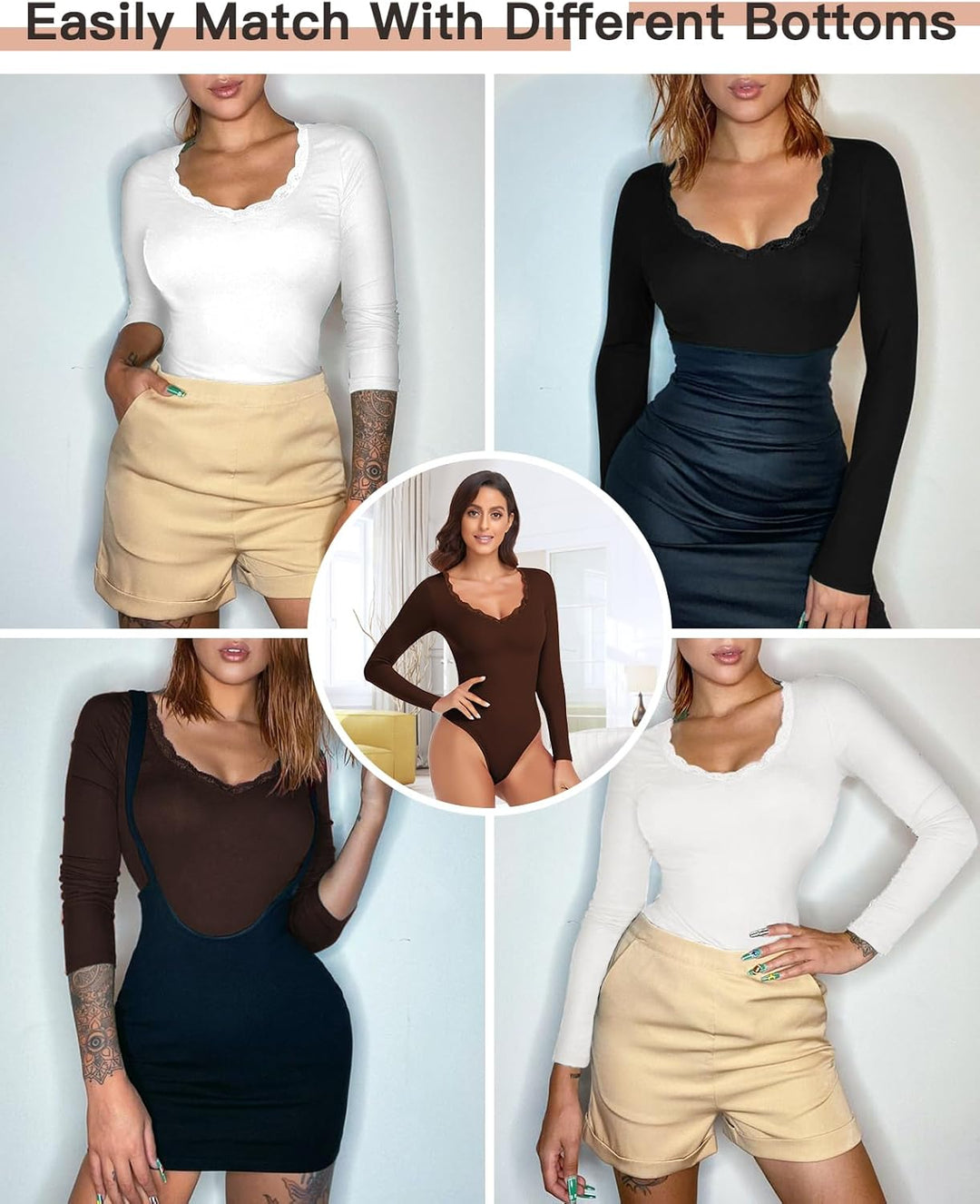 WOWENY Thermo Body Damen Langarm Elegant Langarmbody mit Spitze V-ausschnitt Fleece Bodysuit Warm Be
