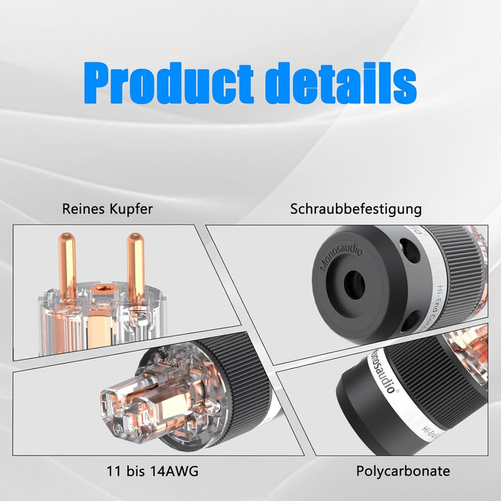 Monosaudio Paar Reines Kupfer Schuko Stecker E101/F101 AC 16A 250V Hi-End EU Netzanschluss, Euro Ste