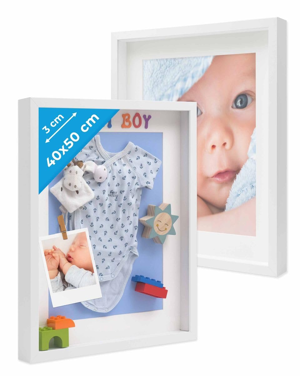 PHOTOLINI 3D Bilderrahmen zum Befüllen 40x50 Weiss gross, 3 cm tiefer Objektrahmen mit Glas, 2X tief