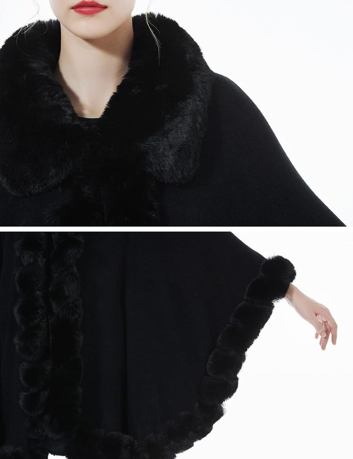 BEAUTELICATE Kunstpelz Poncho Cape Strick Damen Winter Kunstfell Stola Schal Cape Cardigan Warm mit