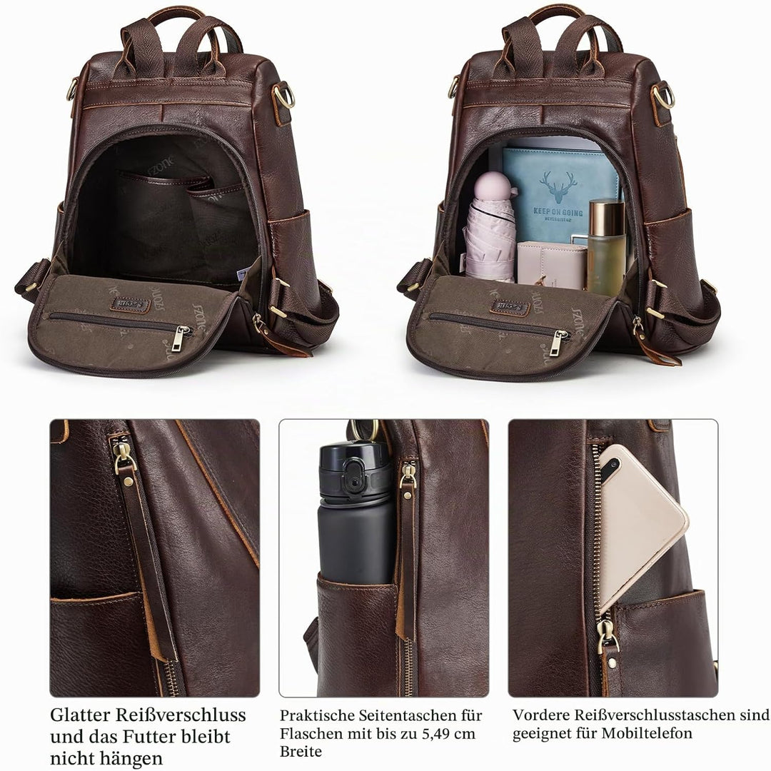 S-ZONE Damen Rucksack Wasserdicht Weiches Echtleder Anti Diebstahl Mode Schultasche Handtasche Casua