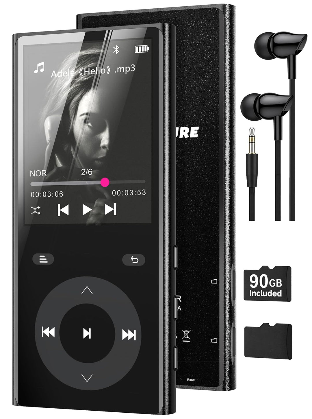 90GB MP3 Player Bluetooth 5.3, Musik Player 2 TF-Kartensteckplätzen, 2,4" Farbbildschirm, Touch-Tast
