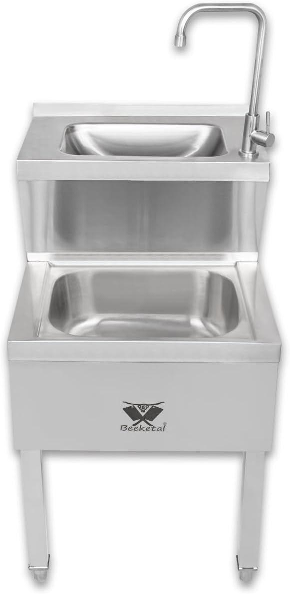 Beeketal 'BAB-1' 2in1 Edelstahl Stand Handwaschbecken mit Ausgussbecken, Industrie Waschbecken mit h