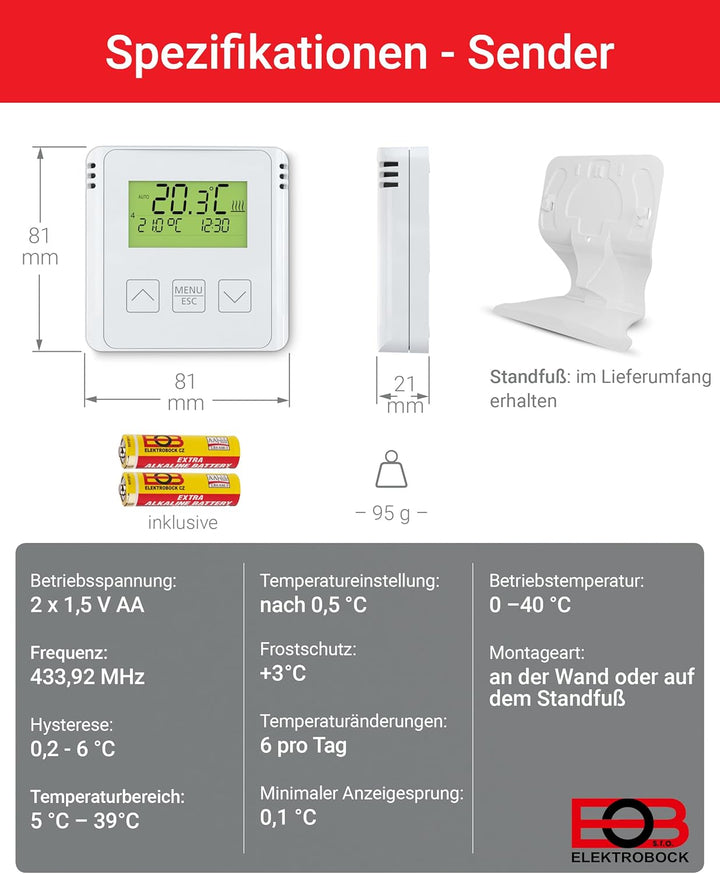 ELEKTROBOCK BT733 Funk-Raumthermostat mit Zwischensteckdose - 35 m Reichweite - Für elektrische Heiz