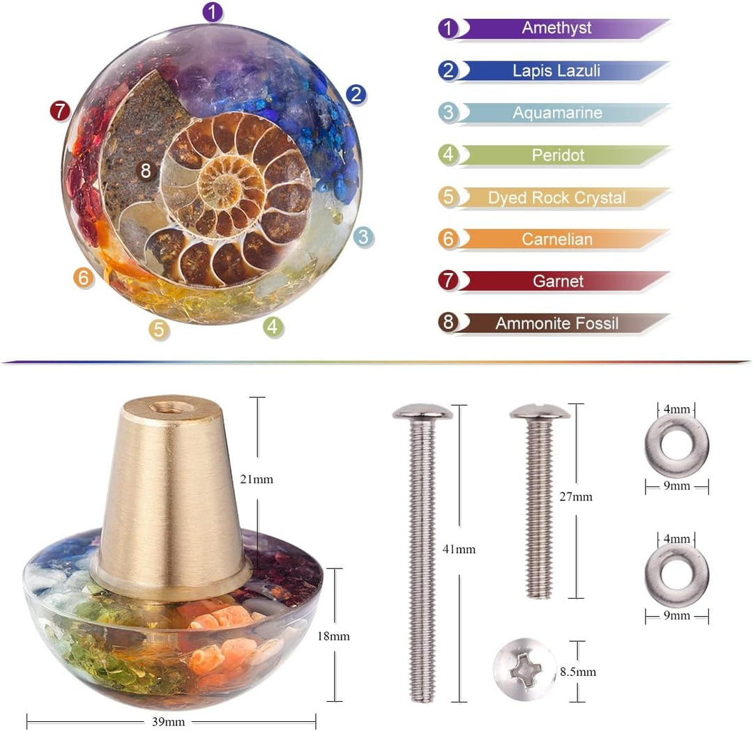 mookaitedecor 7 Chakra Schubladen Knöpfe mit Schrauben Satz von 2, Ammonit Fossil Harz dekorative Kr