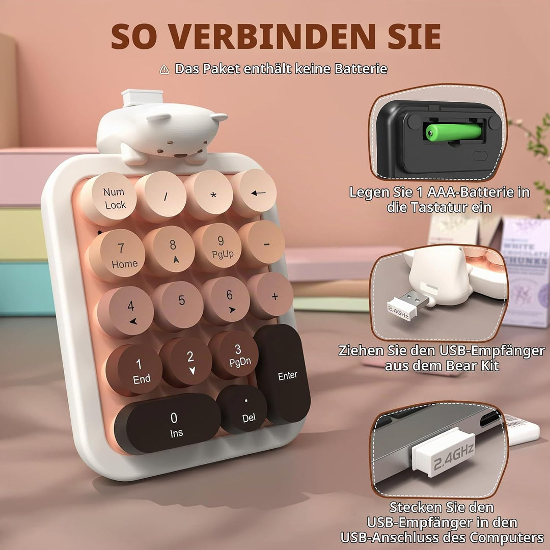 FELiCON Kabelloser Numeric Keypad, Tragbarer 18-Tasten-Mini-Ziffernblock mit Retro-Rundtasten und 2,
