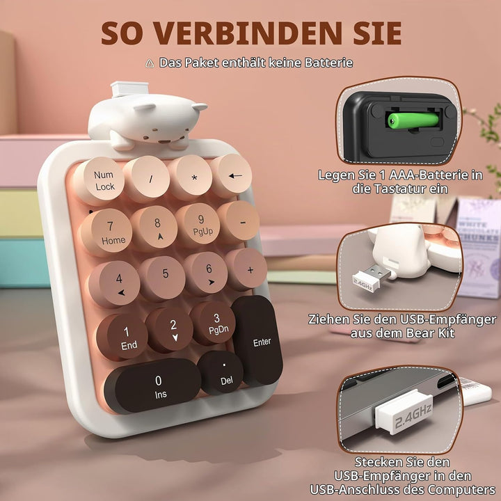 FELiCON Kabelloser Numeric Keypad, Tragbarer 18-Tasten-Mini-Ziffernblock mit Retro-Rundtasten und 2,