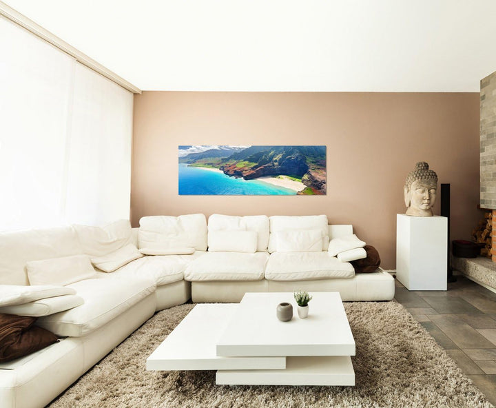 Paul Sinus Art Panoramabild auf Leinwand und Keilrahmen 150x50cm Hawaii Küste Gebirge Felsen Strand