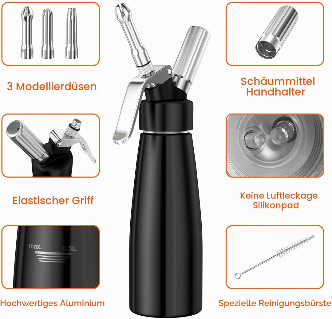 Newaner 500ml sahnespender, Sahnesyphon Aluminium mit 3 Edelstahl Deko-Düsen und 1 Reinigungbürste,