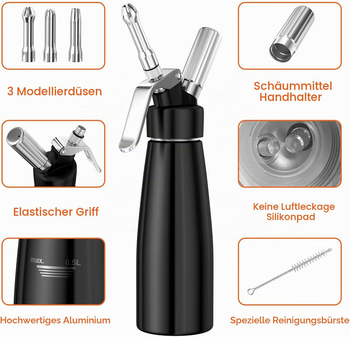 Newaner 500ml sahnespender, Sahnesyphon Aluminium mit 3 Edelstahl Deko-Düsen und 1 Reinigungbürste,
