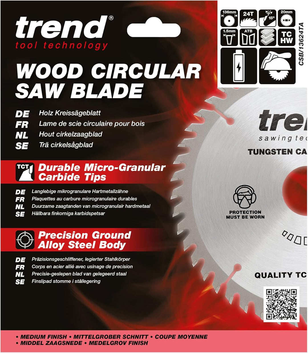 Trend CraftPro Sägeblatt - 136mm Durchmesser x 20mm Bohrung x 24 Zähne TCT für Akku-Sägen, CSB/13624