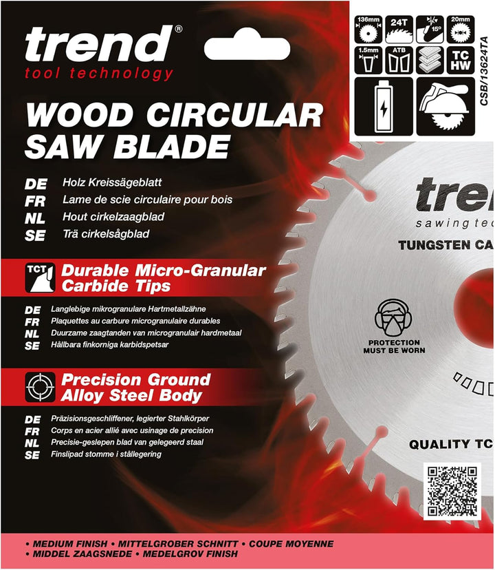 Trend CraftPro Sägeblatt - 136mm Durchmesser x 20mm Bohrung x 24 Zähne TCT für Akku-Sägen, CSB/13624