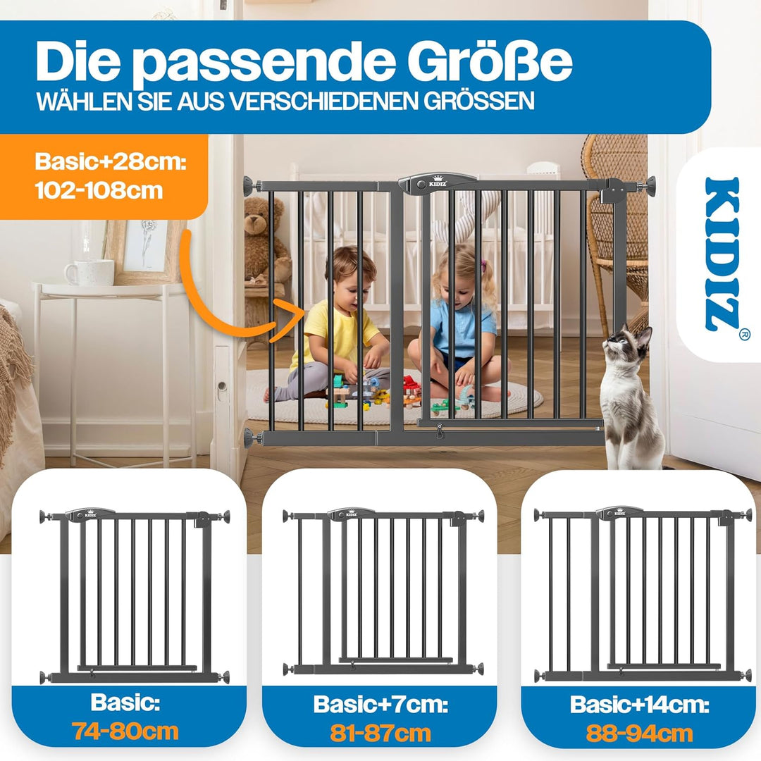 KIDIZ Treppenschutzgitter ohne Bohren | Verstellbare Breite: 88-94 cm, 75 cm hoch, Türschutzgitter u