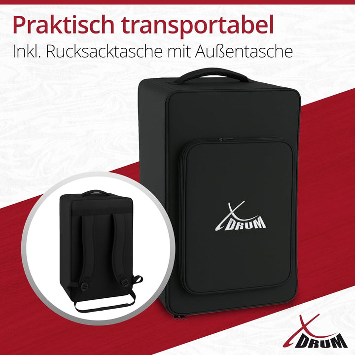 XDrum Cajon Peruana Hard Wood (3 mm Schlagplatte, 9 mm Birkenkorpus, 48 cm hoch, inkl. Rucksack-Tasc