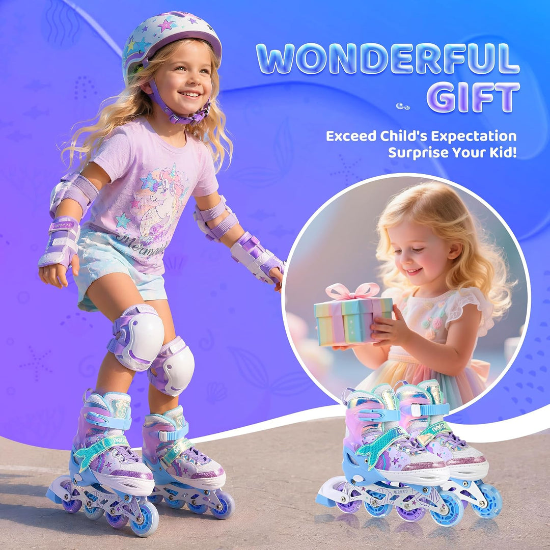 NEMONE Inliner für Mädchen Kinder 4 Grössen Verstellbar Blau Violett Inliner für Kinder Drinnen Drau