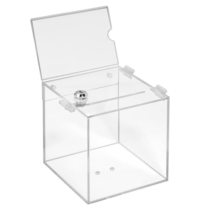 Losbox aus Acrylglas in 150x150x150mm mit Schloss und Topschild DIN A6 Quer - Zeigis® / Spendenbox/A