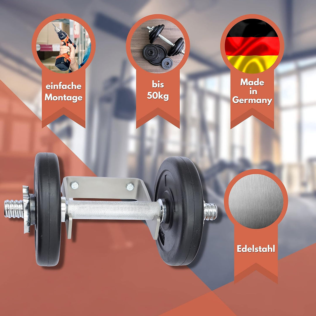 Wandhalterung für Kurzhanteln | Zeitlos schöne Optik aus Edelstahl | Über 50 kg Tragkraft | Für > 90