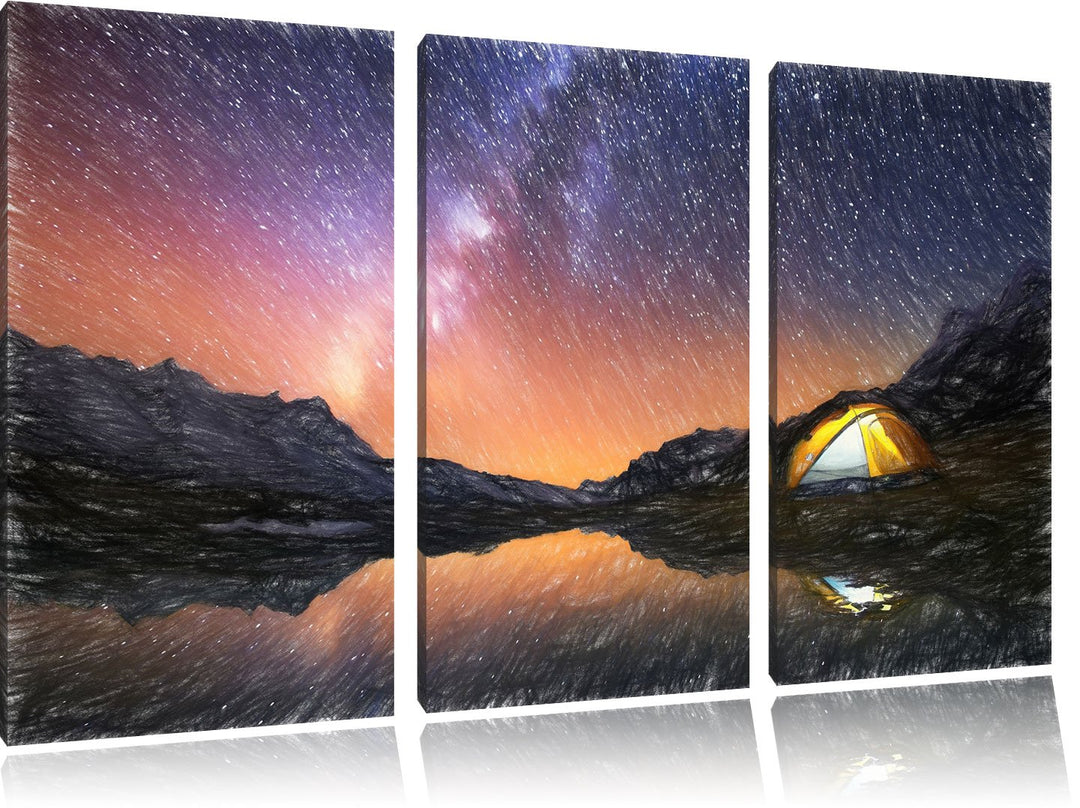 Pixxprint Zelten unter tausenden Sternen als Leinwandbild/Grösse: 3 Teilig (120x80 cm) cm/Wandbild/K