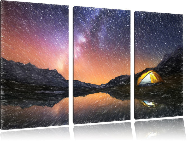 Pixxprint Zelten unter tausenden Sternen als Leinwandbild/Grösse: 3 Teilig (120x80 cm) cm/Wandbild/K