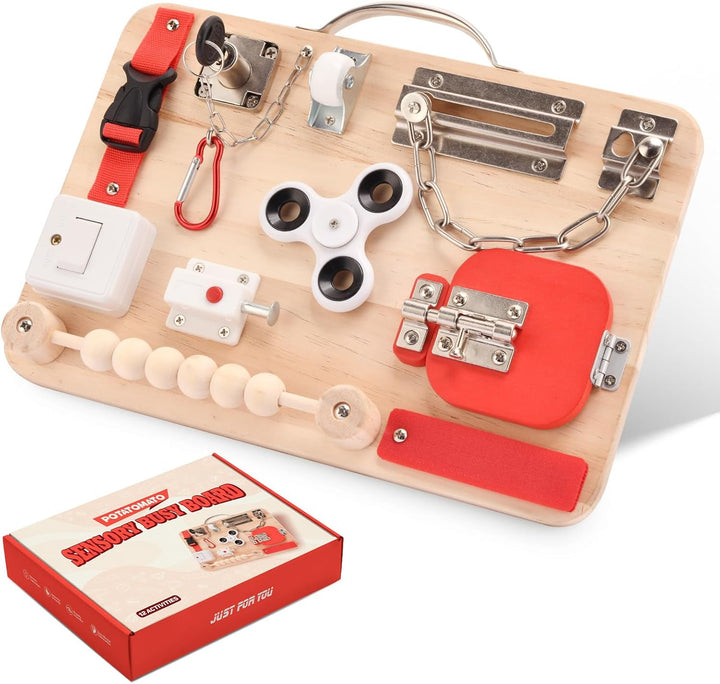 Potatomato Montessori Busy Board - Baby Spielzeug Sensorik Holzspielzeug für Kinder, Motorikspielzeu