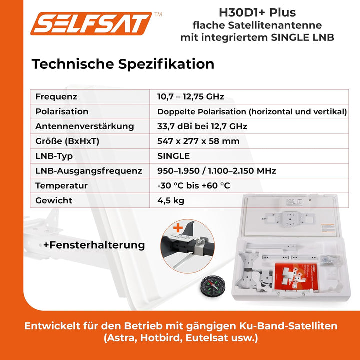 Selfsat H30D1+ Single Flachantenne für einen Teilnehmer inkl. Fensterhalterung Single Single, Single