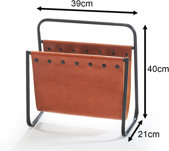 Kobolo Zeitungsständer Zeitungshalter aus braunem Leder und Metall 39x21x40 cm, 39x21x40 cm