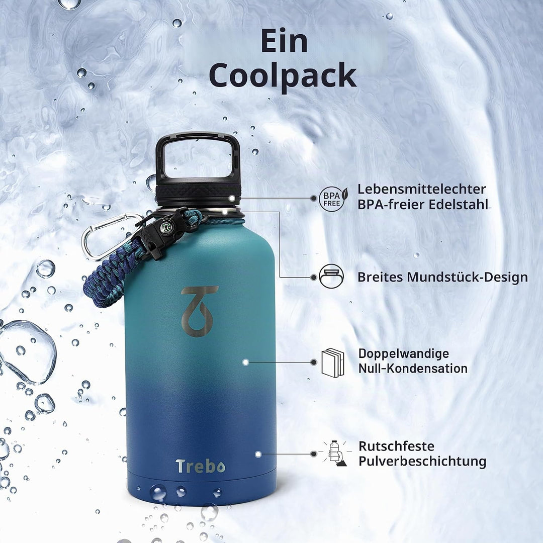 Trebo Isolierte Wasserflasche, 1,8 l, Metall-Vakuum-Wasserkrug mit Griff und 3 Deckeln, auslaufsiche