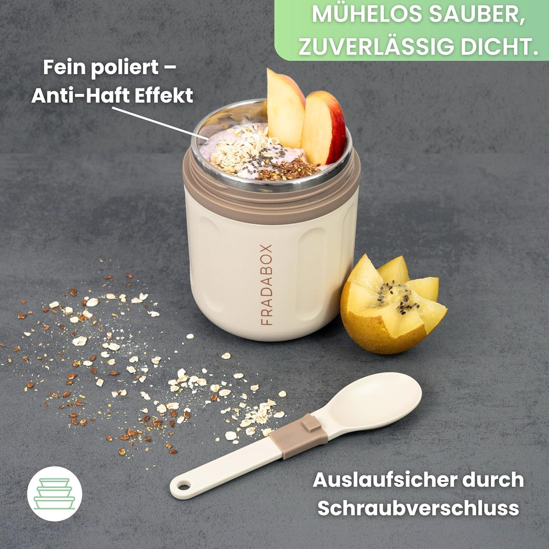 FRADABOX® Lunchpot „Casey“, Thermobehälter mit Löffel, Premium Edelstahl, Müslibecher to go, Auslauf