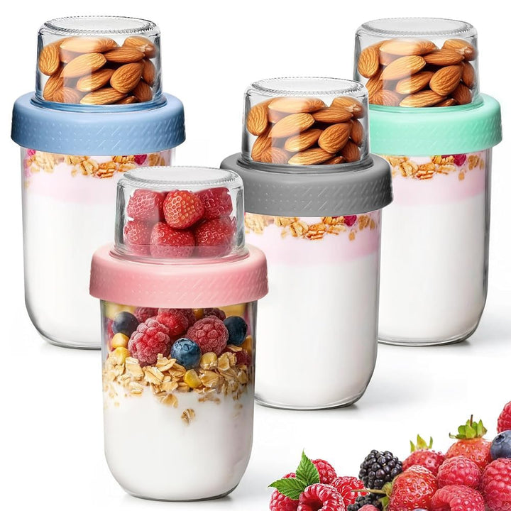 ComSaf Müslibecher to Go 4er Set, 480 ml Overnight Oats Gläser aus Glas mit 120 ml Topping-Fach, Jog