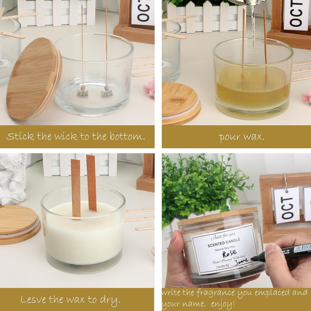 MILIVIXAY 6 x 473 ml Kerzengläser mit Bambusdeckel und Kerzenherstellungs-Kits – 3 Docht-Kerzenglas,