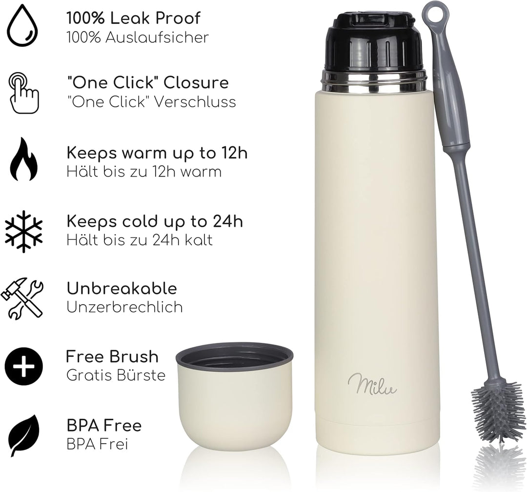 Milu Thermosflasche Thermoskanne Isolierflasche 1L, 750ml, 500ml - Isolierte Edelstahl Trinkflasche,