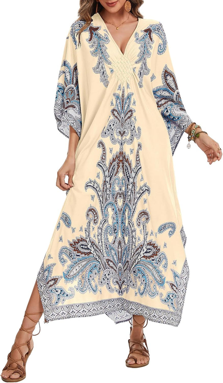 Bsubseach Frauen Plus Grösse Kaftan Kleid Badeanzug Druck Kaftan Strand Cover Up Kleid Aprikose-1, A