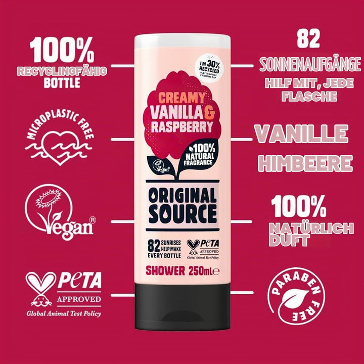 Original Source Duschgel Vanille &amp; Himbeere, 250 ml, 6 Stück Vanillemilch und Himbeere, Vanillemilch