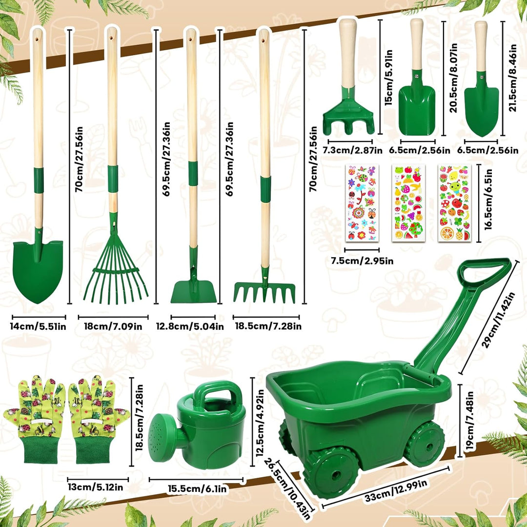 Schubkarre für Kinder, 13 Gartenwerkzeug Set für Kinder, Gartenset mit Schubkarre Kind, Kinderschubk