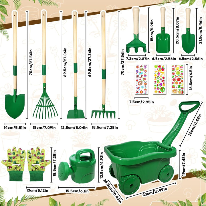 Schubkarre für Kinder, 13 Gartenwerkzeug Set für Kinder, Gartenset mit Schubkarre Kind, Kinderschubk