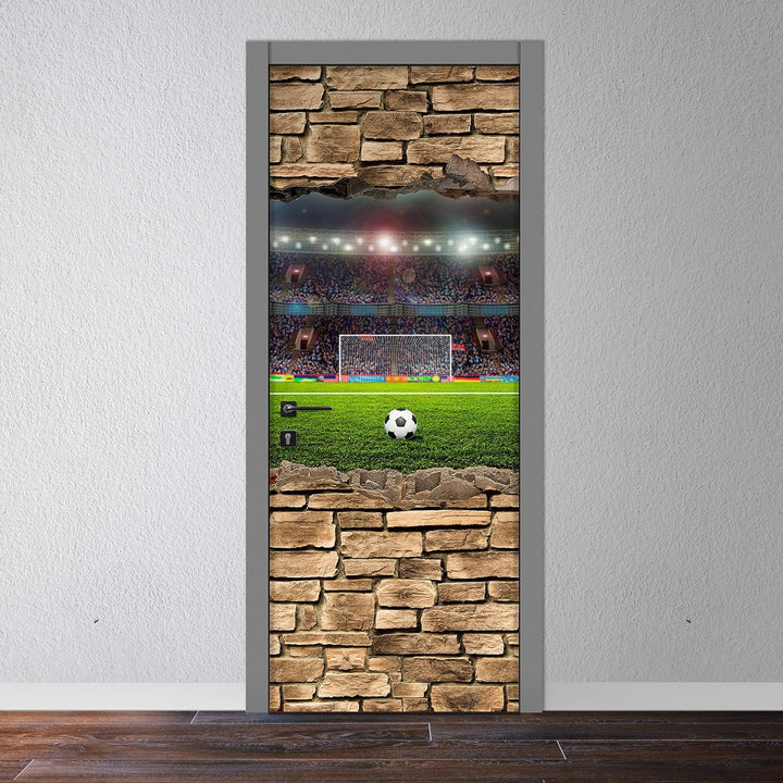 wandmotiv24 Türtapete 3D Fussballfeld - Steinmauer 80 x 200cm (B x H) - Dekorfolie selbstklebend Sti