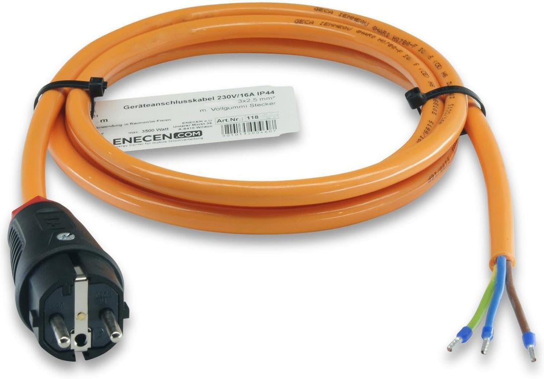 ENECEN 1183205 Anschlusskabel 230V/16A IP44 PUR H07BQ-F 3x2,5 mm² mit Vollgummi-Stecker/freies Ende