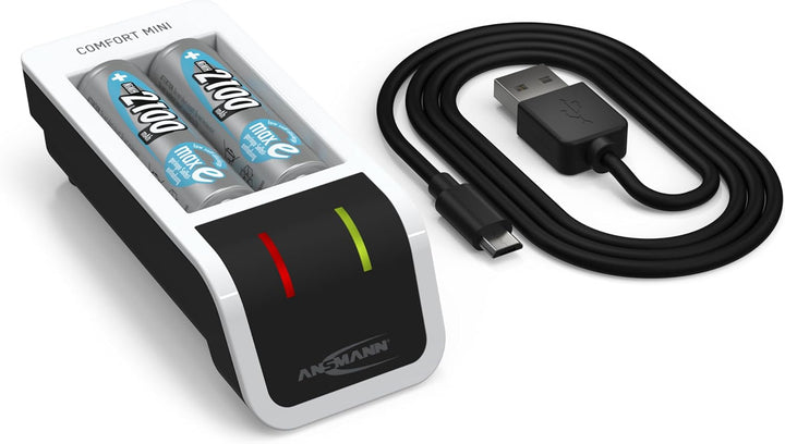 ANSMANN Akku-Ladegerät inkl. 2X Mignon AA Akkus 2100 mAh - Automatik Batterieladegerät mit Perfect-7