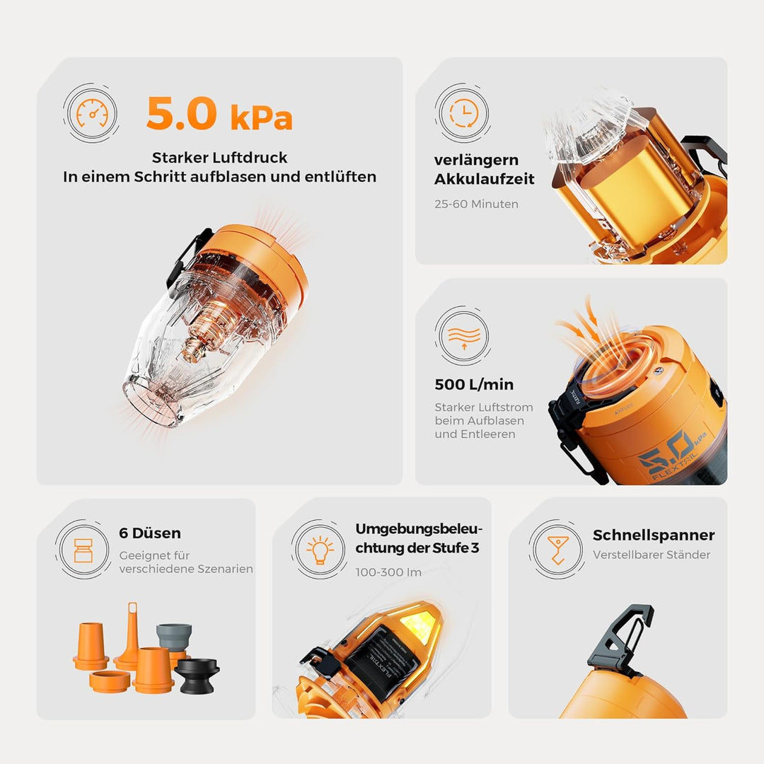 FLEXTAILGEAR MAX Pump 3 Tragbare Luftpumpe, 5,0 kPa, Beleuchtung, USB-Aufladung zum Aufblasen und En