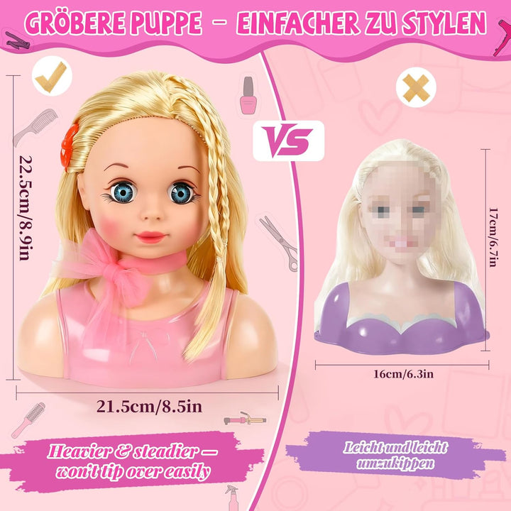 Frisierkopf Kinder Set, Frisierkopfpuppe Spielzeug Set für Kinder mit Haarzubehör, Frisierkopf für M