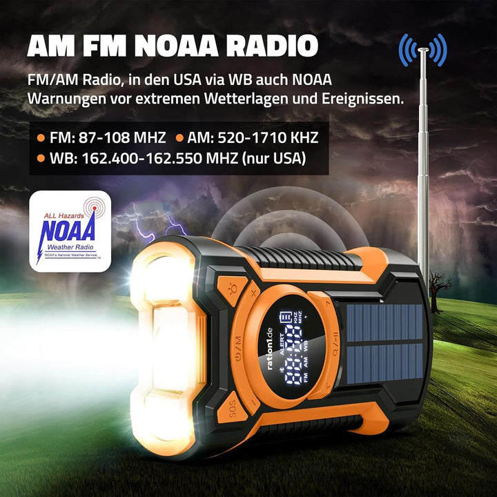 ration1 Kurbelradio mit Solar und Powerbank – Notfallradio mit 5000 mAh, Bluetooth, SOS-Alarm & LED