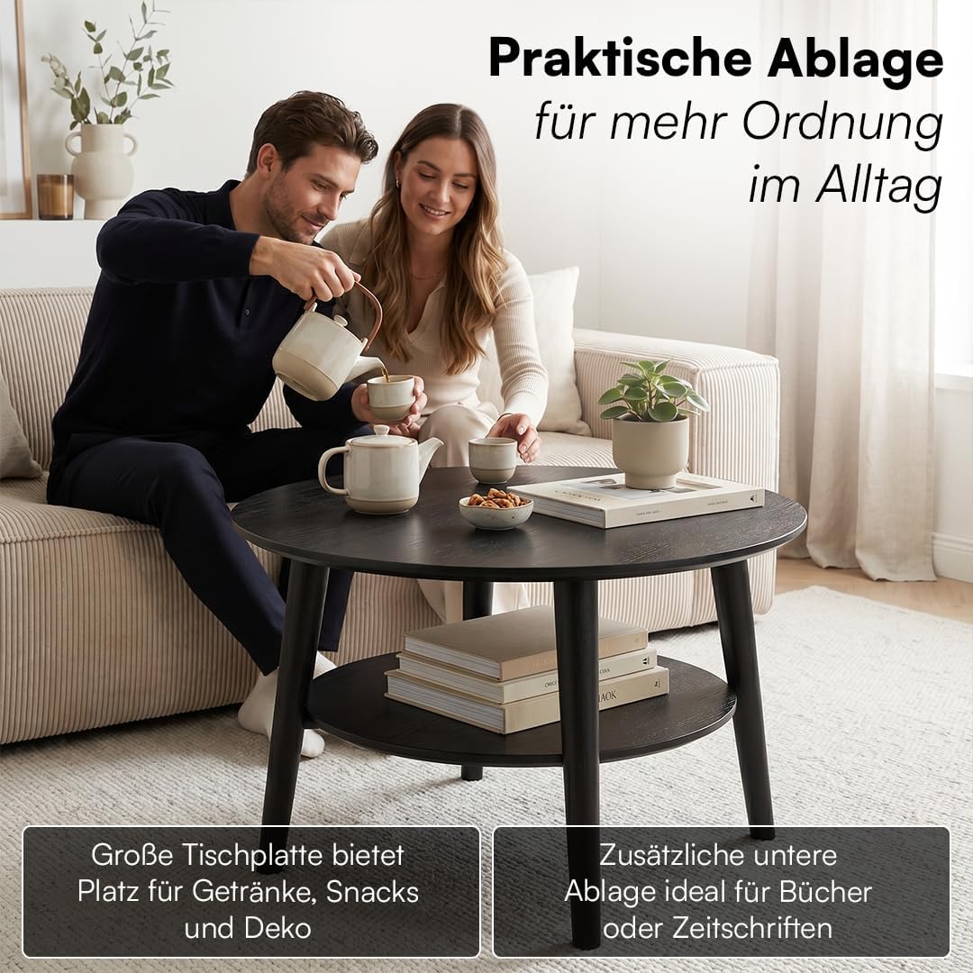 skølm Mjölnir Couchtisch rund Ø70 cm – Wohnzimmertisch aus Eiche Massivholz – Sofatisch mit 2 Ablage