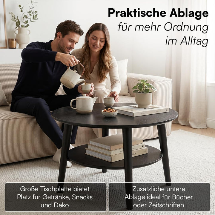 skølm Mjölnir Couchtisch rund Ø70 cm – Wohnzimmertisch aus Eiche Massivholz – Sofatisch mit 2 Ablage
