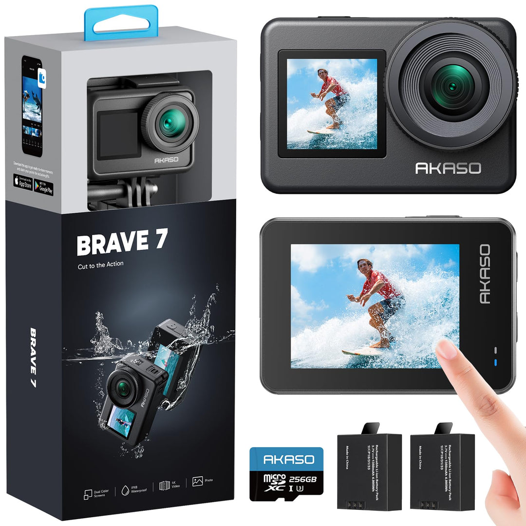 AKASO Brave 7 Action Cam 4K30FPS mit 256GB U3 microSDXC Speicherkarte 20MP WiFi Unterwasserkamera IP