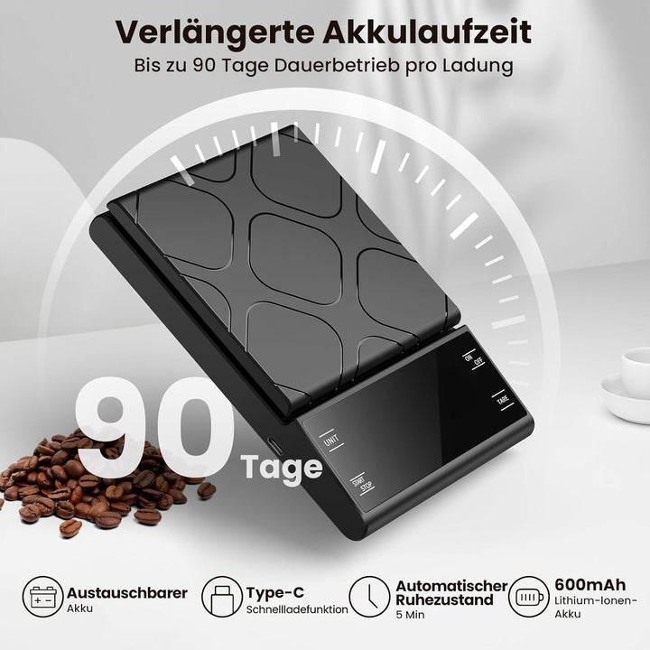 Digital Kaffeewaage mit Timer, 0,1g Hochpräzise Wiederaufladbare Espressowaage mit 4 Modi und Automa
