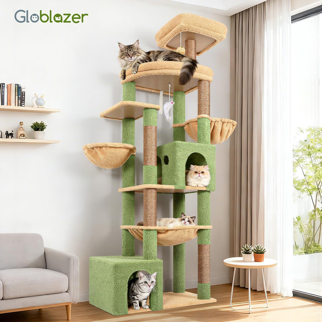 Globlazer Kratzbaum XXL Grün Kaktus für Grosse Katzen, Katzenbaum 193 cm mit 2 Grosse Katzenhaus, Ex
