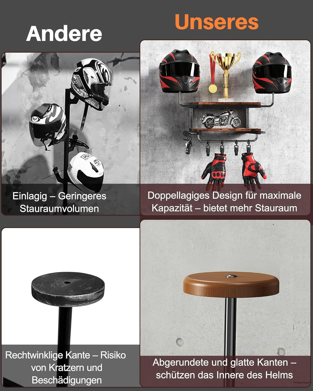 Motorradhelm Halterung Wand für 2 Helme, Motorrad Garderobe Wand mit Kleiderbügel und Haken, 30 kg T