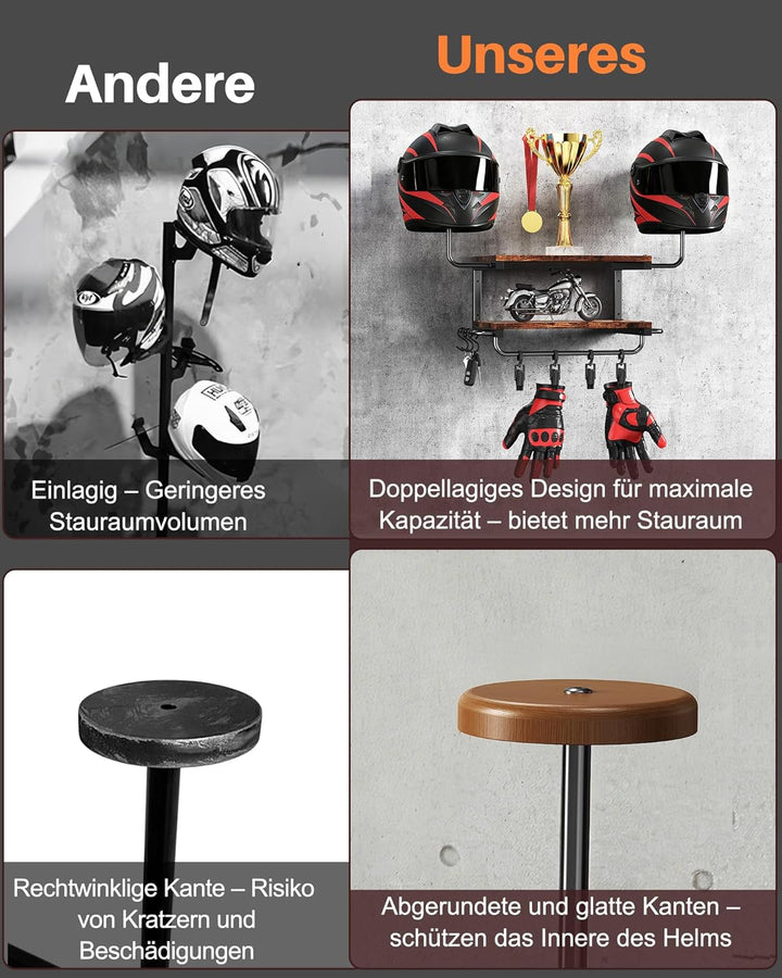 Motorradhelm Halterung Wand für 2 Helme, Motorrad Garderobe Wand mit Kleiderbügel und Haken, 30 kg T