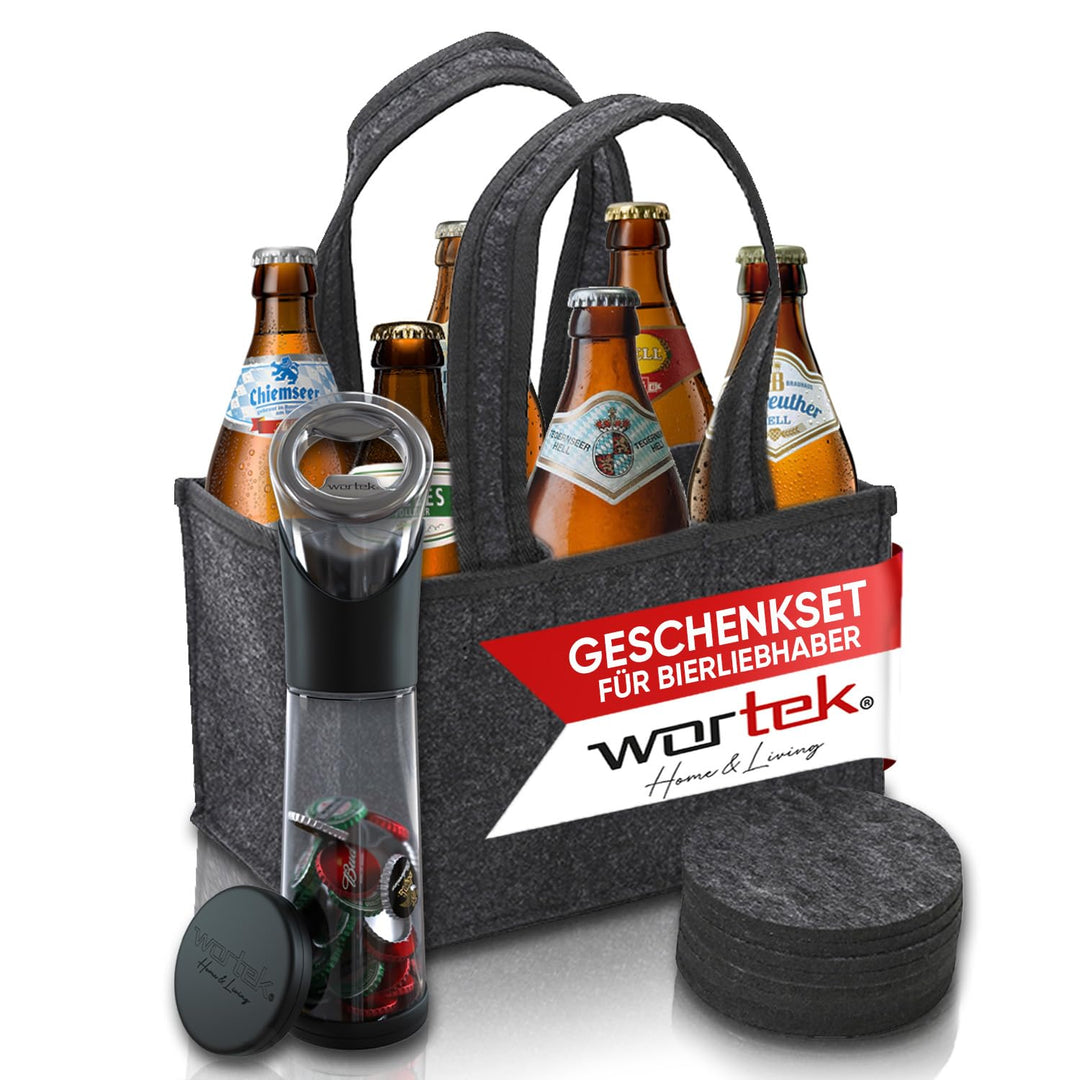 wortek Geschenkset Bier Geschenke für Männer - Männerhandtasche Bier, Flaschenöffner & Untersetzer +