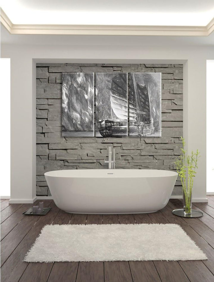 Pixxprint chinesisches Segelschiff 3Teiler 120x80 cm Leinwandbild Wandbild Kunstdruck